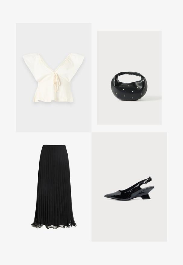 Gebroken witte cropped blouse met brede zwierige mouwen, diepe V-hals en strikdetail aan de voorkant.; Zwarte geplisseerde maxi rok van lichtgewicht stof met een vloeiende ontwerp. Voorzien van een gerimpelde zoom en een elastische tailleband voor comfort.; Zwarte lakleren slingback schoen met spitse neus en lage schuine blokhak op een effen lichte achtergrond.; Zwarte leren handtas met een afgeronde vorm, versierd met zilveren studs, en een korte handgreep. Gladde textuur en ritsluiting.