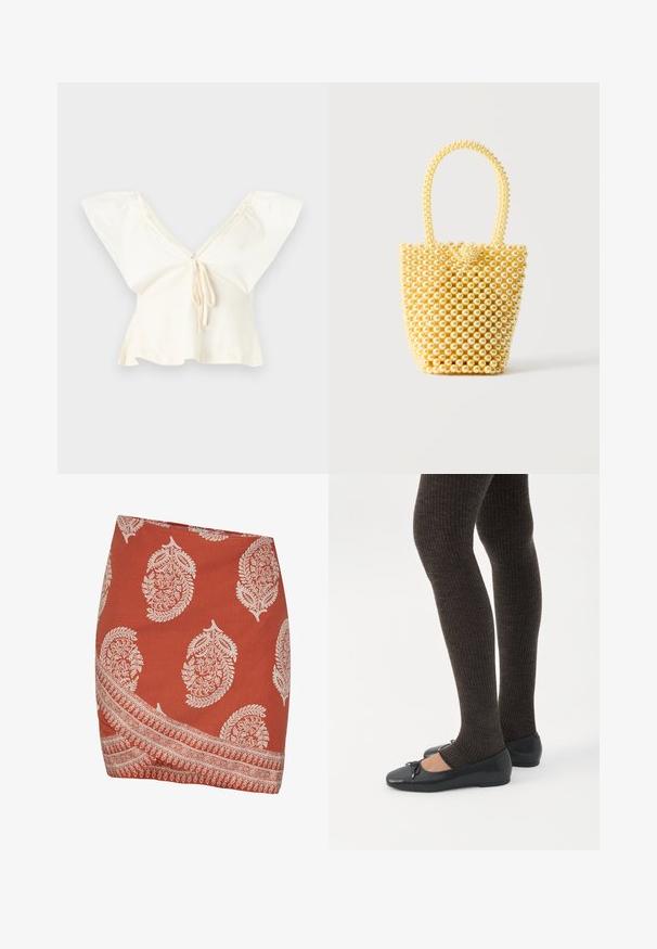 Gebroken witte cropped blouse met brede zwierige mouwen, diepe V-hals en strikdetail aan de voorkant.; Roestkleurige rok met witte paisley- en bloempatronen. Heeft een diagonale zoom en een ingewikkeld randontwerp langs de onderrand.; Benen met donkere geribbelde leggings gecombineerd met zwarte ballerina's met kleine strikdetails op een witte achtergrond.; Kleine handtas in emmerstijl gemaakt van glanzende crèmekleurige kralen met een lusvormige kralenhendel en decoratieve kralenknoopsluiting.
