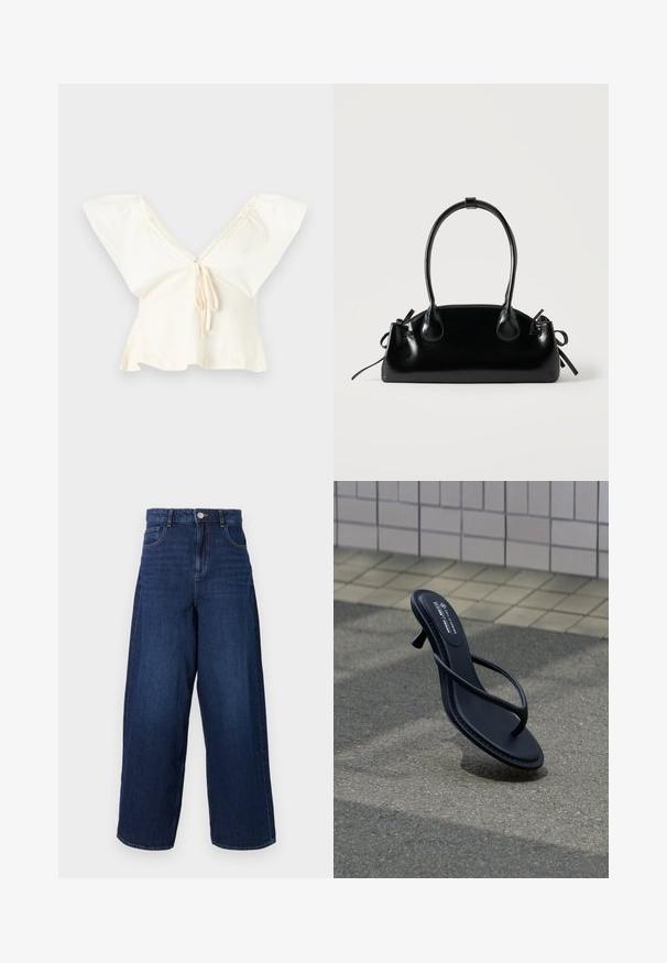 Blouse courte couleur blanc cassé avec larges manches évasées, encolure en V profonde et détail de lien à l'avant.; Jean en denim bleu foncé à jambes larges, taille haute, cinq poches et fermeture à bouton. Le tissu a une texture lisse avec un léger délavage.; Sandale noire à talons et brides flottant au-dessus d’un pavement gris texturé avec un mur carrelé en arrière-plan.; Petit sac à main noir brillant avec deux longues anses et des détails à cordon sur les côtés sur un fond clair uni.