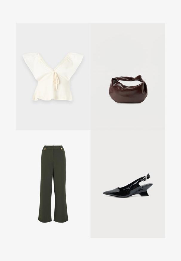 Blouse courte couleur blanc cassé avec larges manches évasées, encolure en V profonde et détail de lien à l'avant.; Pantalons larges vert olive avec une texture lisse, dotés de deux boutons dorés à la taille et d'une silhouette épurée et bien ajustée.; Chaussure slingback en cuir verni noir avec bout pointu et petit talon bloc incliné sur fond clair uni.; Sac bandoulière en cuir marron foncé avec une forme souple et décontractée et une anse nouée torsadée sur un fond blanc uni.