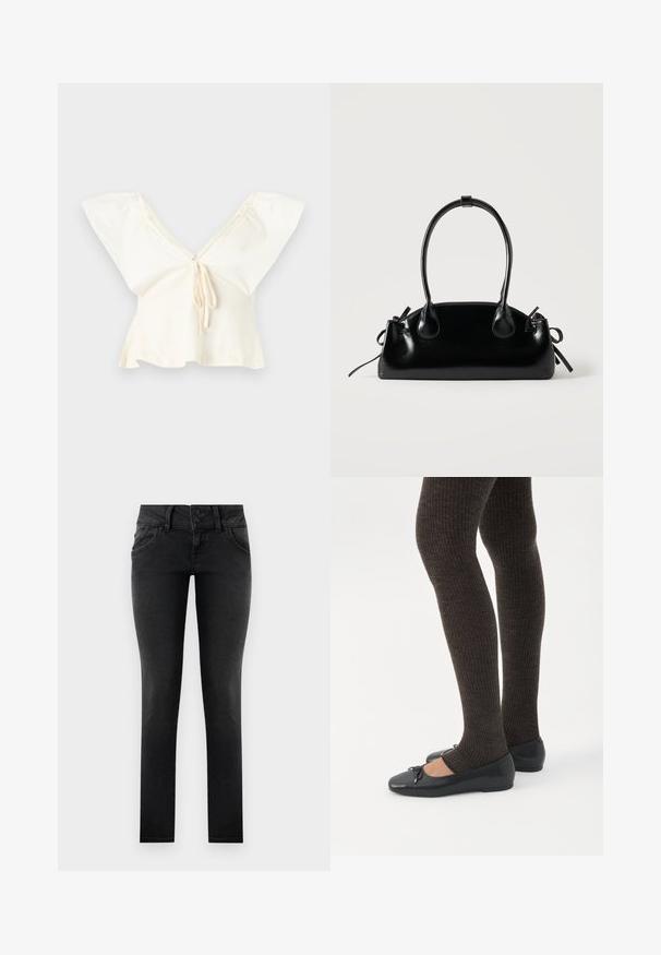 Gebroken witte cropped blouse met brede zwierige mouwen, diepe V-hals en strikdetail aan de voorkant.; Zwarte denim skinny jeans met een dubbele knoop in de tailleband, voorzakken en een gladde, gestructureerde afwerking. Standaard pasvorm, volledig lengte ontwerp.; Benen met donkere geribbelde leggings gecombineerd met zwarte ballerina's met kleine strikdetails op een witte achtergrond.; Kleine zwarte glanzende handtas met twee lange hengsels en zijkant trekkoord details op een effen lichte achtergrond.