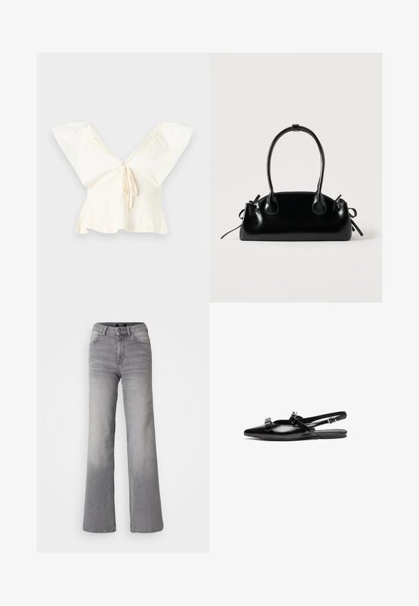 Offwhite cropped bluse med brede flagrende ærmer, dyb V-hals og bindedetalje foran.; Højtaljede grå denim jeans med lige ben, med frontknap og lynlås, foran og bagpå lommer, samt nedtoning på lår og lægge.; Sort læderslingback flad sko med spids tå, prydet med volangdetaljer på bæltet og justerbar ankelrem. Glat overfladetextur.; Lille sort blank håndtaske med to lange håndtag og snøre-detaljer i siden på en ensfarvet lys baggrund.