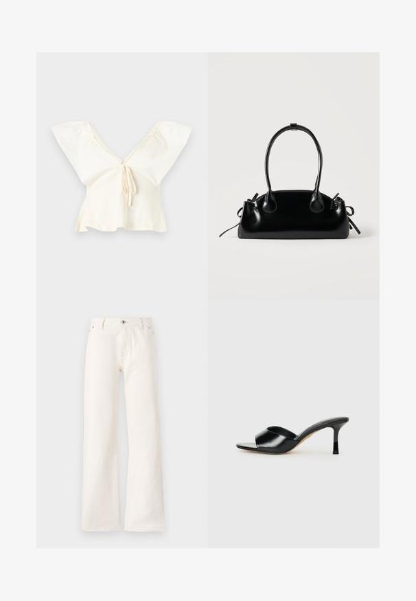 Gebroken witte cropped blouse met brede zwierige mouwen, diepe V-hals en strikdetail aan de voorkant.; Witte wijde spijkerbroek van denim, met een sluiting met vooraan een knoop, vijf zakken en een gladde textuur zonder zichtbare patronen.; Zwarte leren hoge hakken mules met een open teen ontwerp en een brede, gebogen bovenband. Gladde textuur en gestroomlijnde silhouette.; Kleine zwarte glanzende handtas met twee lange hengsels en zijkant trekkoord details op een effen lichte achtergrond.