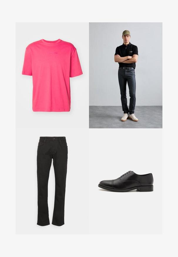 Kortærmet t-shirt med rund hals i lys pink bomuld med præget brandlogo i midten, der har en afslappet pasform og en glat tekstur.; JOOP! Jeans MITCH - Jeans Straight Leg - black; Sort lædersko med rund tå, glat overflade og subtil syning. Har blå snørebånd og en lav stakheel.; Sort polo-shirt med guld logo, mørke denim jeans og lyse sko. Olivengrøn kasket med logo. Modellen står med armene over kors mod en struktureret baggrund.