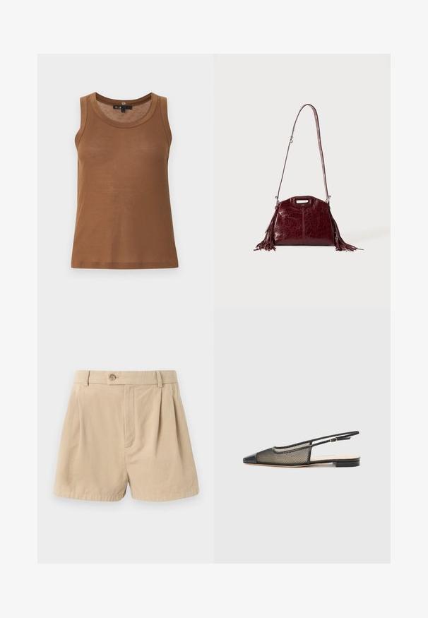 Mouwloos geribd bruin tanktopje met ronde hals en rechte zoom, getoond op een effen lichtgrijze achtergrond.; Filippa K HIGH WAIST PLEATED - Shorts - beige; Zwarte en gouden slingbackschoen met een puntige neus, netdesign en een platte zool. Voorzien van een dunne enkelband met een ronde gespaccent.; Donkerrode leren schoudertas met franjes en verstelbare riem met zilveren gesp tegen een effen lichte achtergrond.