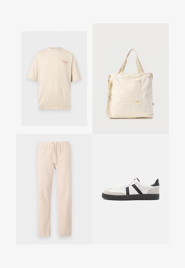 Camiseta beige de manga corta con texto rojo "Portofino Dolce Mare" en la parte superior izquierda del pecho, cuello redondo y ajuste relajado.; Pantalones beige claro hechos de una tela suave, con una cintura elástica y cordón ajustable, y piernas rectas. Textura suave, sin patrones.; Zapatilla blanca con acentos en negro y gris, que presenta una puntera texturizada en gris, suela de goma negra y cordones planos blancos. Diseño limpio, estilo minimalista.; Bolsa tote de lona color crema con bolsillo delantero, dos asas, correa de hombro ajustable y pequeño texto amarillo "O.N.S" en la parte inferior derecha del bolsillo.