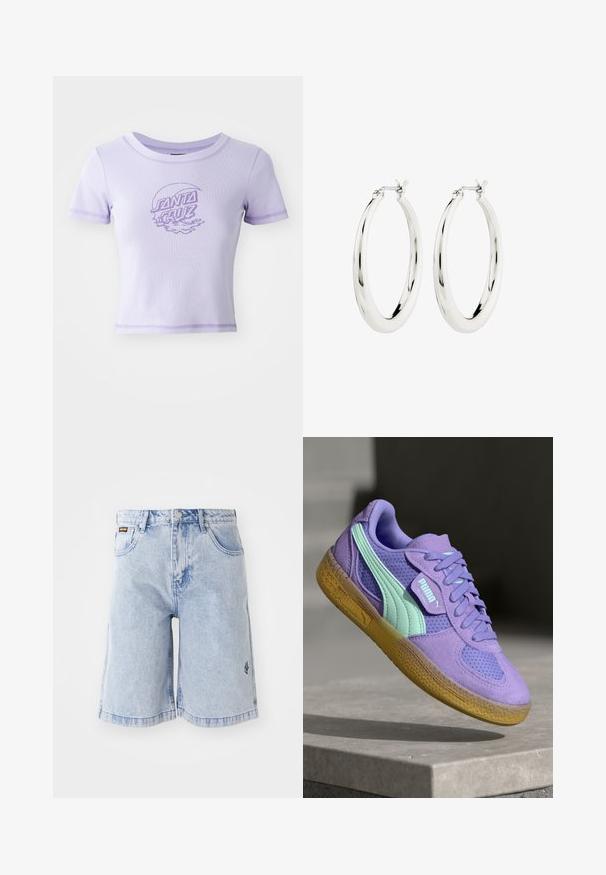 Paarse, aansluitende T-shirt met korte mouwen, ronde hals en contrasterende stiksels. Heeft een grafisch ontwerp van "SANTA CRUZ" op de voorkant.; Lichtblauwe denimshorts met een hoge taille, losse pasvorm en voorzakken. Decoratieve stiksels en merklogo geborduurd aan de zijkant.; Paarse suède en mesh sneaker met mintaccenten, vetersluiting en een gestructureerde gumzool. Bevat PUMA-branding aan de zijkant.; Zilveren oorbellen in de vorm van een gladde, glanzende ring. Circulaire vorm, voorzien van een veilige sluiting. Eenvoudig en elegant ontwerp.