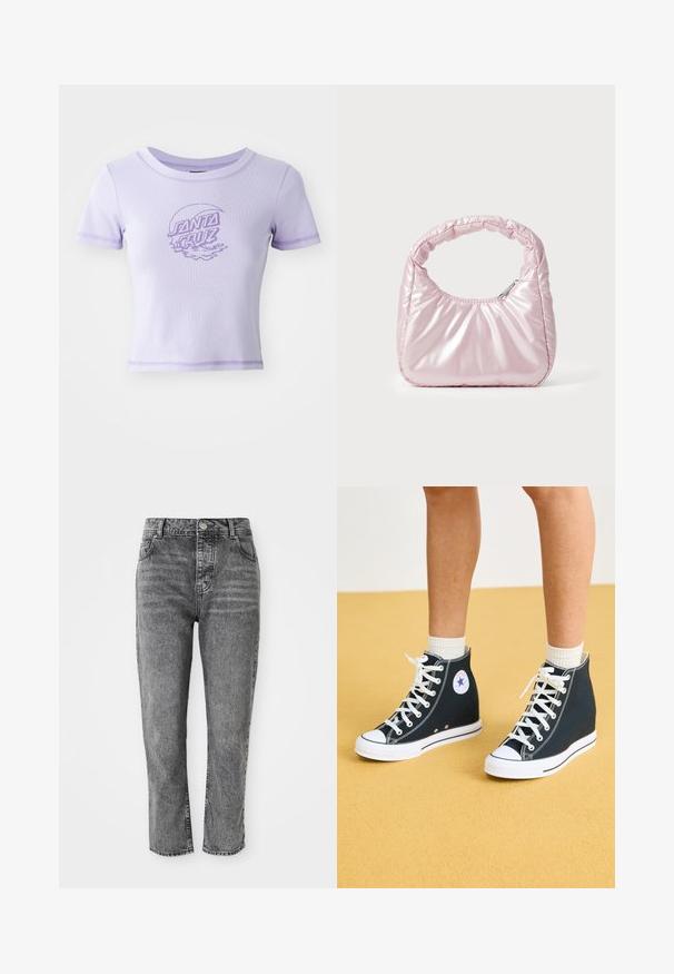 Lilla tætsiddende T-shirt med korte ærmer, rund halsudskæring og kontrastsyet. Har et "SANTA CRUZ" grafisk design foran.; Grå denim jeans med høj talje, lige ben, der har forlommer og en lille metal knapdetalje ved taljen.; Høje sneakers i mørkeblåt kanvas med hvide gummisåler, snørebånd og detaljer. Har et rundt logo og hvide syninger.; Rosa, polstret håndtaske med afrundet design, lavet af skinnende materiale. Har et samlet håndtag og en lynlås til sikker adgang.