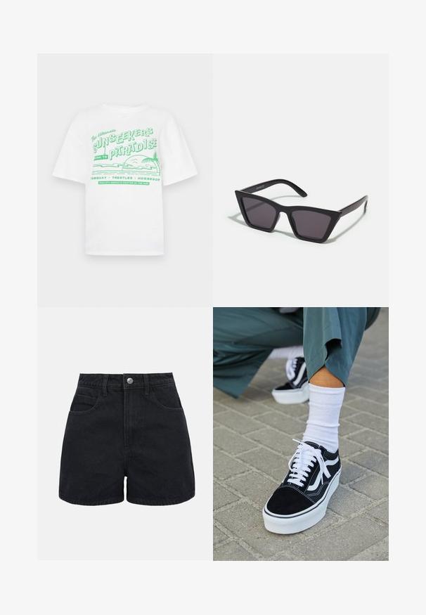 Wit katoenen T-shirt met korte mouwen, bedrukt met groene grafische tekst en eilandbeelden, waaronder palmbomen en een zonsondergangontwerp.; Zwarte denim shorts met hoge taille, voorste knoopsluiting, riemlussen en twee voorzakken tegen een effen witte achtergrond.; Zwarte suède sneaker met witte accenten en veters, uitgerust met een dikke witte zool en contrasterende stiksels, gecombineerd met een witte sok.; Zwarte, hoekige zonnebril met grijze lenzen; gemaakt van plastic, met dikke armen met een gladde oppervlakte en zonder zichtbare hardware.