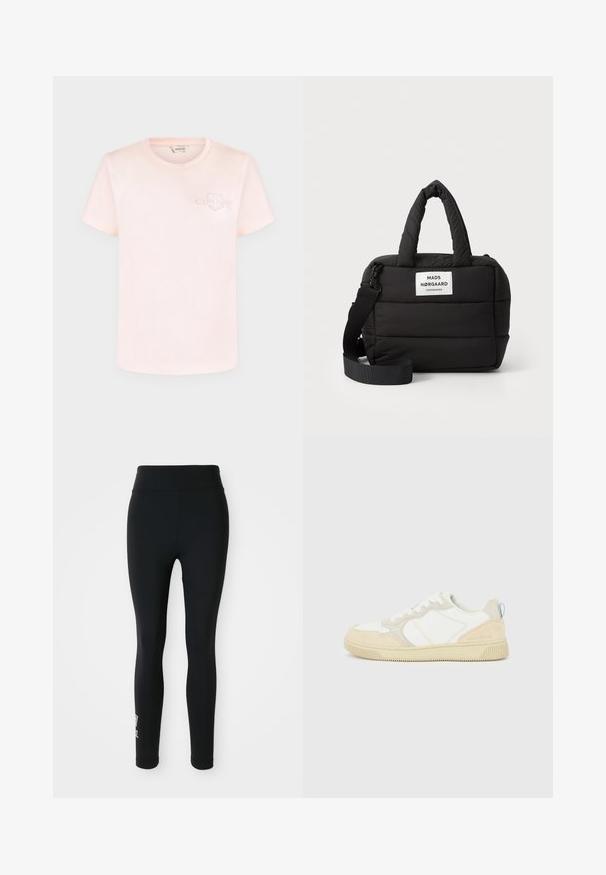 Lyserød t-shirt med korte ærmer og rund hals med subtilt præget GANT-logo på venstre bryst.; Sorte leggings lavet af strækbart stof, med en høj talje og et lille trykt logo på det ene ben. Glat tekstur, tætsiddende design.; Hvid og beige sneaker med en overdel i ruskind og tekstil, med kontrastsyninger, en gummisål og en lyseblå detalje på hælen.; Sort polstret håndtaske med rektangulær form, dobbel polstret bærehåndtag, aftagelig skulderrem og et frontlogo patch.
