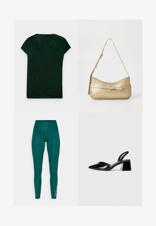 Donkergroen kortemouwen shimmer top met ronde halslijn en comfortabele pasvorm op een effen achtergrond.; Turkooizen leggings met hoge taille, gemaakt van rekbare stof, met zijnaden, enkelritsen en reflecterende accenten voor zichtbaarheid.; Zwarte gepatineerde leren slingback hakken met een spitse neus en een geometrische blokhak. Kenmerkt zich door een slank, minimalistisch ontwerp en een gladde textuur.; Metalen gouden schoudertas met een gebogen vorm, een gladde textuur, een platte schouderband en een decoratieve gesp detail aan de voorkant.