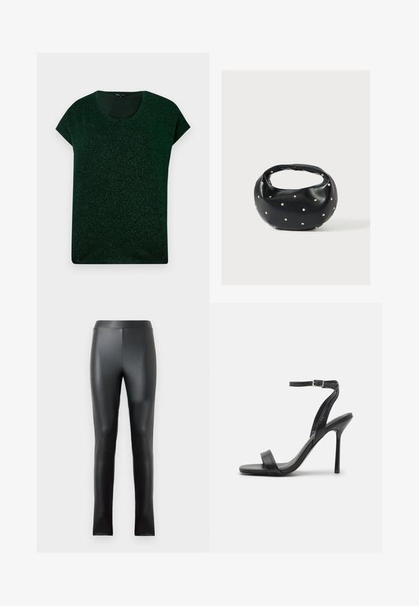 Haut scintillant vert foncé à manches courtes, avec un col rond et une coupe décontractée, sur fond uni.; Leggings noirs en matériau lisse et brillant, dotés d'une taille haute et d'une coupe ajustée. Aucune couture ni embellissement visibles.; Sandale à talons hauts noire avec une fine sangle au niveau de la cheville et deux bandes à l'avant. Fabriquée en cuir lisse avec un bout pointu élégant et un talon aiguille.; Sac à main en cuir noir de forme arrondie, décoré de clous argentés et équipé d'une poignée courte. Texture lisse et fermeture éclair.
