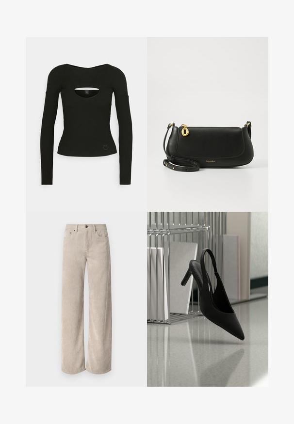 Schwarzes Langarmshirt aus geripptem Stoff, mit einem Ausschnitt am Brustbereich und einer figurbetonten Silhouette. Subtle Logo-Akzent am Saum.; Beige Kordhose im Weitschnitt mit vertikalen Streifen, ausgestattet mit einem Knopfverschluss und frontalen Taschen. Weicher, strukturierten Stoff in lockerer Passform.; Schwarzer, spitz zulaufender Slingback-Pumps mit hohem Absatz, schwebt in der Luft über einem glänzenden Boden, im Hintergrund gestapelte Ordner.; Schwarze Leder-Umhängetasche mit glatter Textur, goldenen Hardware-Akzenten, einem Reißverschluss und einem Logo entlang der unteren Kante.