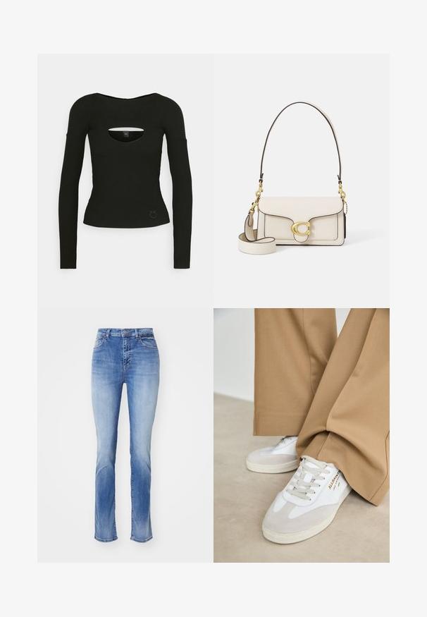 Schwarzes Langarmshirt aus geripptem Stoff, mit einem Ausschnitt am Brustbereich und einer figurbetonten Silhouette. Subtle Logo-Akzent am Saum.; Helles blaues Denim-Jeans mit geradem Bein, in einem ausgewaschenen Design, im klassischen Fünf-Taschen-Stil, und einem Reißverschluss mit Knopfverschluss.; Weiße Sneakers mit Wildlederakzenten, strukturierten Schnürsenkeln und einer Gummisohle. Kombiniert mit lockeren, sandfarbenen Hosen. Logo an der Seite angebracht.; Cremfarbene Leder-Handtasche mit strukturiertem Design, kontrastierenden schwarzen Kanten, goldenen Beschlägen und einem abnehmbaren Tragegurt mit einem charakteristischen Logo.