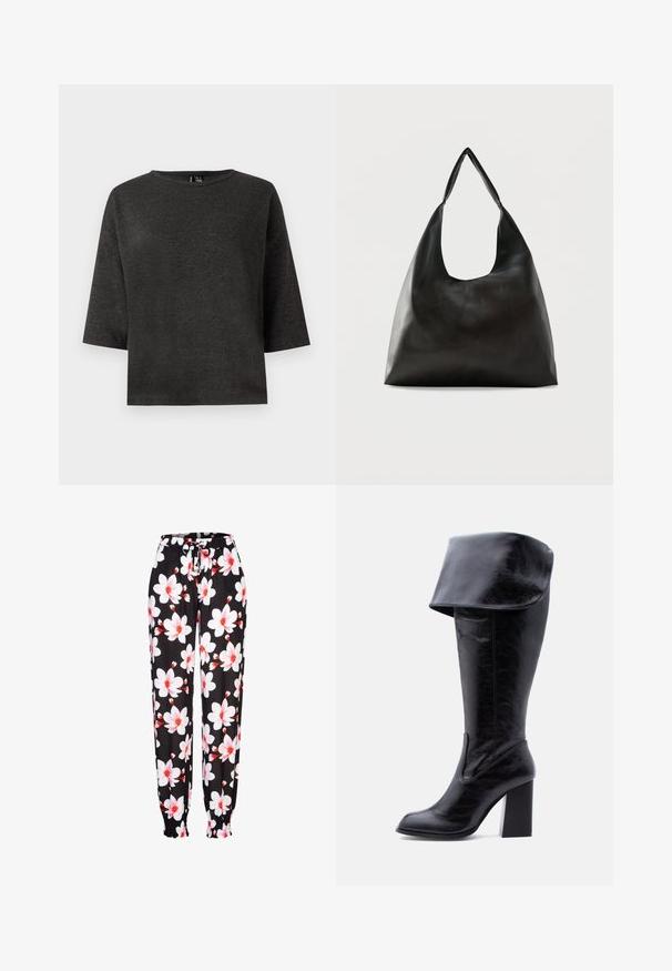 Top corto de color gris oscuro, confeccionado en una tela suave. Presenta un escote redondo y una forma sencilla y rectangulosa, sin adornos ni patrones.; Pantalones de tela negra con patrón floral en blanco y rojo, con cintura elástica y cordón ajustable, y puños fruncidos. Material ligero.; Bota alta negra de cuero con tacón, puño doblado y punta redonda, de pie sobre un fondo blanco.; Bolso de hombro de cuero negro liso con una correa ancha y única y un diseño desenfadado y minimalista sobre un fondo sencillo.