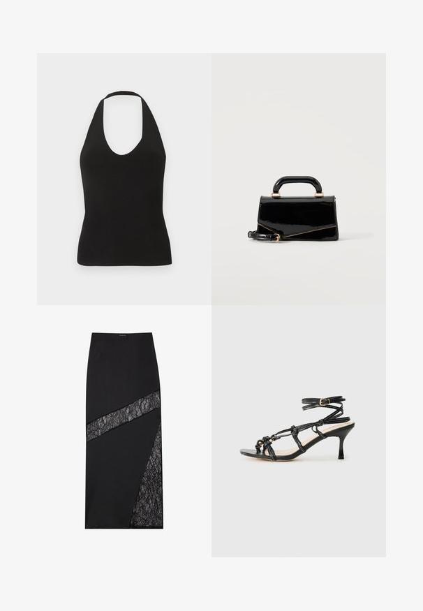 Μαύρο τοπ χωρίς μανίκια με halter neck, στρογγυλεμένο ντεκολτέ και εφαρμοστό ριμπ ύφασμα.; Μαύρη midi φούστα με γεωμετρικό σχεδιασμό, υφασμάτινες λεπτομέρειες από δαντέλα με υφή, δομημένο ύφασμα και κομψή σιλουέτα.; Μαύρο λουστρινένιο ψηλοτάκουνο πέδιλο με σχεδίαση με λουριά, ρυθμιζόμενο λουράκι στον αστράγαλο και κόμπο λεπτομέρειες. Λείος υφής, μυτερή τελείωση.; Μαύρη γυαλιστερή ορθογώνια τσάντα με χερούλι στο πάνω μέρος, χρυσά μεταλλικά στοιχεία και αποσπώμενο ιμάντα, τοποθετημένη σε απλό ανοιχτό φόντο.