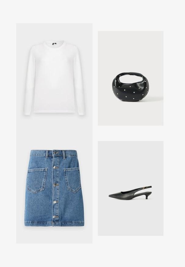 Ein schlichtes weißes Langarmshirt mit Rundhalsausschnitt liegt flach auf einem hellgrauen Hintergrund, wobei die Etiketten am Kragen sichtbar sind.; Denimrock in einem hellblauen Farbton, mit einer Frontknopfverschluss, zwei aufgesetzten Taschen und einem geraden Schnitt. Der Stoff hat eine klassische Textur.; Schwarzer Slingback-Schuh mit spitzem Zehenbereich aus glattem Leder. Mit einem dünnen Absatz und einer dekorativen Schnalle am verstellbaren Riemen.; Schwarze Lederhandtasche mit abgerundeter Form, verziert mit silbernen Nietenakzenten und kurzem Griff. Glatte Struktur und Reißverschlussverschluss.