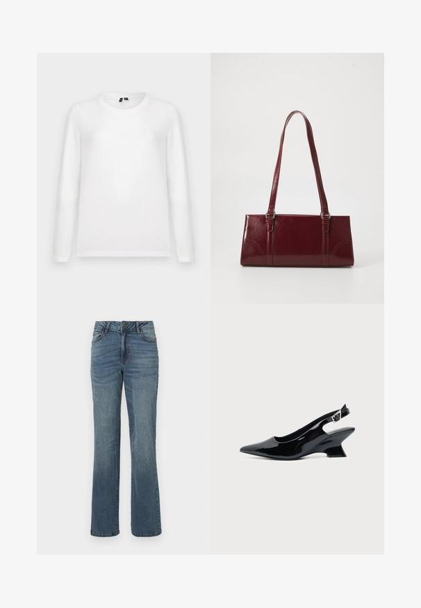 Lys grå baggrund med en liggende hvid langærmet t-shirt med rund hals og synlige mærker ved kraven.; Blå denimjeans med lige ben, med frontknap og lynlås lukning, for- og baglommer samt subtilt falmet detaljering.; Sort laklæder slingback sko med spids tå og lav vinklet blokhæl på ensartet lys baggrund.; Bordeaux håndtaske lavet af glansfuldt materiale, rektangulær form, med to skulderremme og subtile buede detaljer på forsiden.