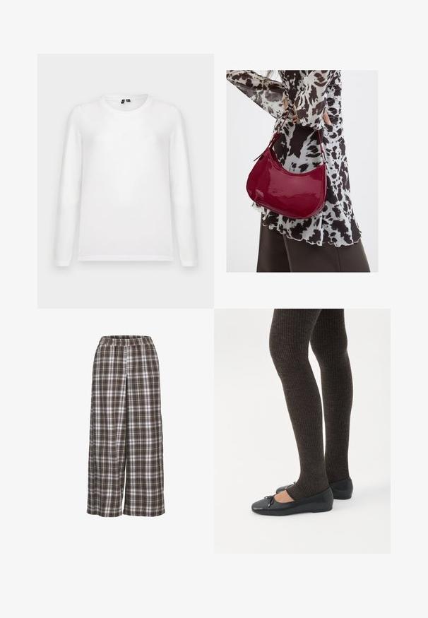 Lys grå baggrund med en liggende hvid langærmet t-shirt med rund hals og synlige mærker ved kraven.; Bredder bukser med ruder i brune, hvide og grå nuancer; elastisk talje; blødt stof; har et klassisk ternet mønster.; Ben iført mørke ribbede leggings kombineret med sorte balletsko med små sløjfedetaljer på hvid baggrund.; Kvinde iført en sort- og hvidmønstret bluse, der holder en blank rød skuldertaske mod en ensfarvet baggrund.
