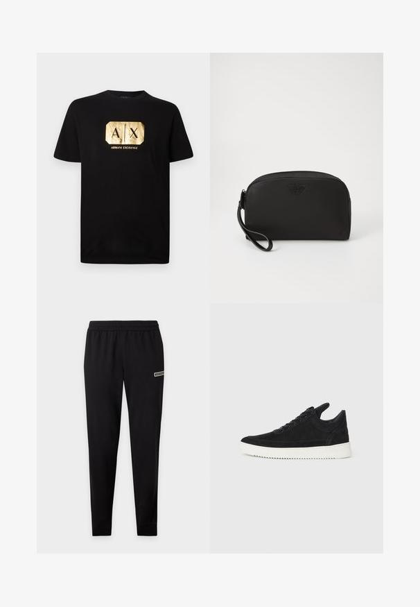 Schwarzes Baumwoll-T-Shirt mit einem goldenen rechteckigen Logo, auf dem "A|X" und der Text "ARMANI EXCHANGE" darunter steht. Klassischer Schnitt mit kurzen Ärmeln.; Schwarze Slim-Fit-Sweathosen mit elastischem Bund und kleinem Logodetail am oberen Oberschenkel vor einfarbigem Hintergrund.; Schwarze Wildleder-Sneaker mit einer weißen Gummisohle, die sich durch elegante Nähte und ein schnürbares Design auszeichnen. Glatte Textur mit einer modernen, stromlinienförmigen Form.; Schwarze Kosmetiktasche aus glattem Material, runde Form, mit Reißverschluss, einem Handgelenkriemen und geprägtem Logo auf der Vorderseite.