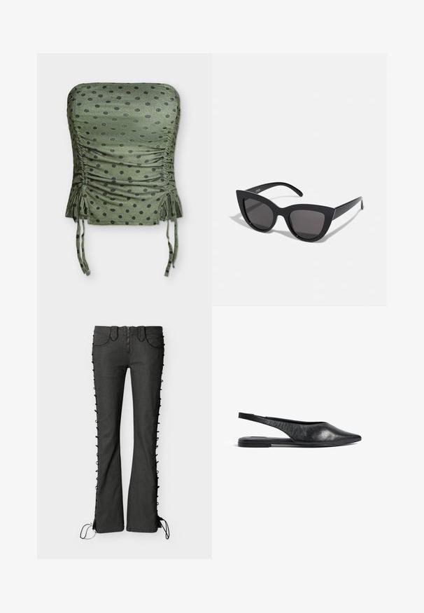 Top corto verde oliva sin tirantes con lunares negros, laterales fruncidos y cordones ajustables en el dobladillo.; Pantalones de mezclilla negros acampanados con detalles de cordones laterales, con bragueta de cremallera y diseño de cuatro bolsillos. Textura suave y silueta ajustada.; Bailarinas de piel negra con tira en el talón y punta afilada, de diseño minimalista. Cuentan con un perfil elegante y un tacón delgado para mayor estabilidad.; Gafas de sol negras en forma de ojo de gato con un acabado mate, que presentan lentes ahumados grises, ángulos pronunciados y brazos laterales elegantes. Nombre de la marca visible en el interior del brazo.