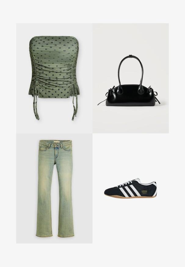 Crop top λαδί χωρίς τιράντες με μαύρες πουά, ραμμένες πλευρές και ρυθμιζόμενα κορδόνια στο κάτω μέρος.; Ανοιχτό μπλε τζιν παντελόνι με φουσκωτά μπατζάκια, μέση μεσαίου ύψους, πέντε τσέπες και διακριτική ξεθώριασμα. Διαθέτει ραφές διακοσμητικές κοντά στις τσέπες.; Μαύρο σουέτ αθλητικό παπούτσι με λευκές τρεις λωρίδες, χρυσό λογότυπο και καφέ καουτσούκ σόλα. Διαθέτει χαμηλού προφίλ σχέδιο με κορδόνια.; Μικρή μαύρη γυαλιστερή τσάντα με δύο μακριές λαβές και λεπτομέρειες με ρυθμιζόμενο κορδόνι στο πλάι σε απλό ανοιχτό φόντο.