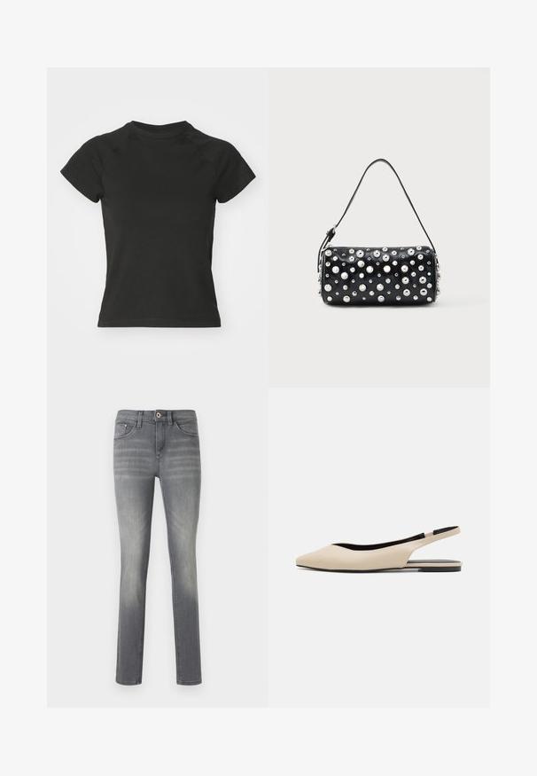 Noisy May NMKATINKA - T-paita - black; Harmaat farkut, joissa on kapea malli, haalistunut pesu, viisi taskua, nappikiinnitys ja hienovaraiset ompeluyksityiskohdat.; Beige nahkainen slingback-mokkain, joissa on terävä nenä, minimalistinen muotoilu, sileä pinta ja matala musta pohja.; Musta nahkainen käsilaukku pyöreällä muotoilulla, koristeltu hopeisilla niiteillä. Varustettu irrotettavalla hihnalla ja vetoketjusululla. Sileä pinta.