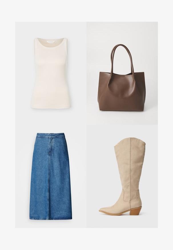 Flødefarvet ribbet ærmeløs tanktop med rund halsudskæring, mærket "Moss Copenhagen" synligt inde i kraven.; Denim midi-nederdel med afslappet pasform, høj talje, frynset kant og ensfarvet blå. Enkel design uden synlige udsmykninger.; Beige ruskind støvle der går op til knæet, med spids tå, stablet hæl og synlige sømdetaljer. Glat tekstur med simpelt design.; Brun læder tote taske med to lange håndtag, struktureret form, glat tekstur og minimalistisk design. Ingen synligt hardware eller accenter.