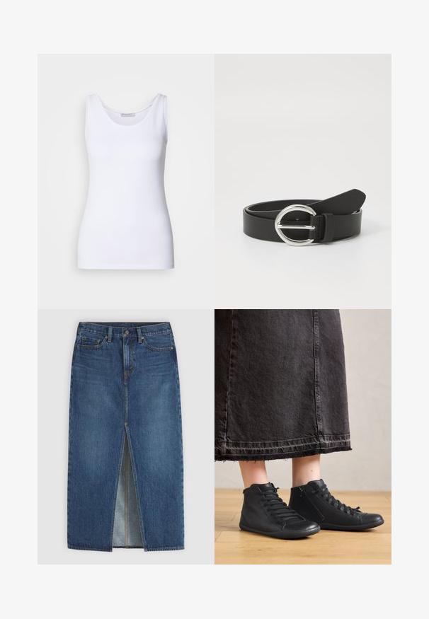 Witte top met een gladde, rekbare stof. Beschikt over een ronde halslijn en brede schouderbanden. De zoom zit net onder de taille. Geen patronen of accenten.; Blauwe denim midirok met centrale voorin split, ceintuurlussen, knoopsluiting en vijf zakken.; Zwarte leren hoge schoenen met een gladde textuur, met veters en een zijrits. G gedragen bij een lange zwarte spijkerrok.; Zwarte leren riem met een ronde zilveren gesp, een gladde textuur en een strak ontwerp. De band is verstelbaar en heeft een spitse punt.