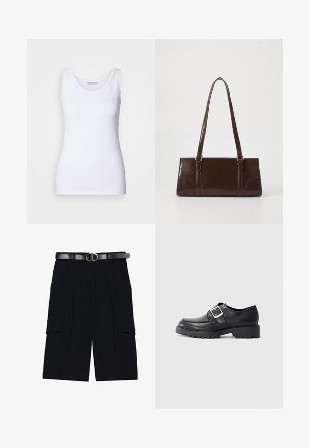 Weißes Tanktop aus glattem, dehnbarem Stoff. Verfügt über einen runden Halsausschnitt und breite Träger. Der Saum sitzt knapp unter der Taille. Keine Muster oder Akzente.; Schwarze Cargo-Shorts aus leichtem Stoff, mit geradem Schnitt, Seitentaschen und einem braunen Ledergürtel mit einer silbernen Schnalle.; Schwarze Lederschuhe mit einer abgerundeten Spitze, ausgestattet mit einem seitlichen Schnallen-Detail und einer dicken, robusten Sohle. Glatte Textur mit minimalen Nähten.; Braune Lackleder-Handtasche in rechteckiger Form, mit zwei langen Griffen und subtilen, geschwungenen Akzenten auf der Vorderseite.