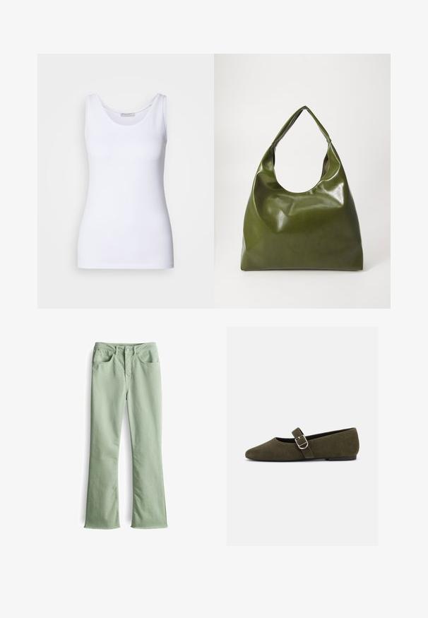 Witte top met een gladde, rekbare stof. Beschikt over een ronde halslijn en brede schouderbanden. De zoom zit net onder de taille. Geen patronen of accenten.; Lichtgroene flared denim jeans met een knoopsluiting en vijf zakken. Heeft een onafgewerkte zoom aan de onderkant en een gladde, licht gestructureerde stof.; Olijfgroene suède Mary Jane platte schoen met zilveren gespsluiting en afgeronde neus, getoond op een witte achtergrond.; Groene leren hobotas met een slordig ontwerp, gebogen handvat en een gladde textuur. Bevat geen zichtbare hardware of accenten.