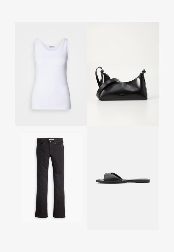 Witte top met een gladde, rekbare stof. Beschikt over een ronde halslijn en brede schouderbanden. De zoom zit net onder de taille. Geen patronen of accenten.; Zwarte jeans van denim, met een recht toelopende pijp, standaard taille, vijf zakken en subtiele stiksels.; Zwarte slidesandalen hebben een soepele synthetisch materiaal, open teen ontwerp en een platte zool met een minimale accentstreep aan de zijkant.; Zwarte leren handtas met een gladde textuur. Beschikt over een verstelbare schouderband en een strak, minimalistisch ontwerp met een ritssluiting.