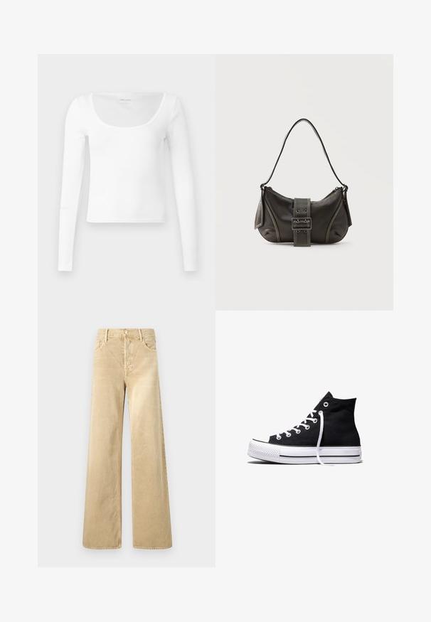 Haut court en tricot côtelé à manches longues et en col arrondi de la marque Hollister, taille petite, présenté à plat sur un fond blanc.; Pantalon ample en velours côtelé beige avec une texture lisse, doté d'une fermeture à boutons et d'un design classique à cinq poches.; Baskets montantes en toile noire avec semelle en caoutchouc blanche et lacets blancs, vues de côté sur un fond blanc.; Sac à épaule en cuir noir avec une sangle à boucle, des bords arrondis et des coutures blanches contrastées sur un fond uni.