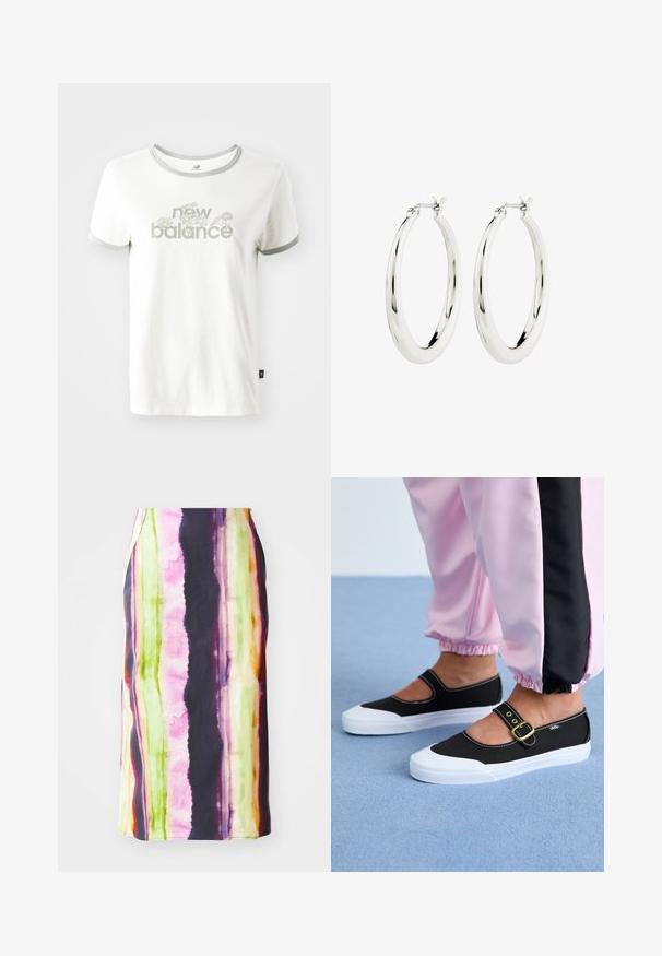 Hvid bomulds T-shirt med grå kant, der har et blomstermotiv og teksten "new balance" i lys grøn. Korte ærmer, almindelig pasform.; Farverig mellemlang nederdel med lodrette striber i pink, grøn, gul og lilla. Fremstillet af et glat stof med en let glans.; Sorte lærredssko med en hvid sål, der har et udskæringsdesign og et guldspænde. Bæret med lyserøde træningsbukser.; Sølvøreringe i form af hoops med en glat, blank finish. Cirkulær form, der har en sikker lås. Simpelt og elegant design.