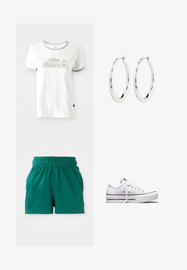 Hvid bomulds T-shirt med grå kant, der har et blomstermotiv og teksten "new balance" i lys grøn. Korte ærmer, almindelig pasform.; Grønne elastiske casual shorts med sidelommer og en diskret logo på højre ben.; Lavtop hvid lærredsneaker med hvide snørebånd, gummisål, sorte stribedetaljer og logo-patch på tungen og hælen.; Sølvøreringe i form af hoops med en glat, blank finish. Cirkulær form, der har en sikker lås. Simpelt og elegant design.