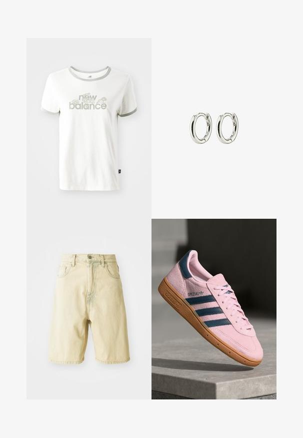 Witte katoenen t-shirt met grijze afwerking, voorzien van een bloemenontwerp en de tekst "new balance" in lichtgroen. Korte mouwen, normale pasvorm.; Lichtgele denim shorts met een hoge taille, voorzien van riemlussen, een sluiting met een knoop aan de voorkant en zijzakken. Glad textuur en rechte snit.; Lichtroze suède sneaker met marineblauwe drie strepen, rubberen zool en lichtroze veters. Heeft het "SPEZIAL"-logo aan de zijkant.; Zilveren creolen met een gladde, glanzende afwerking. Geronde vorm met een veilige sluiting. Minimalistisch ontwerp met een subtiele draai-detail.