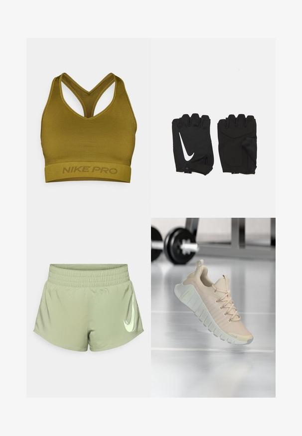 Grüner Sport-BH mit V-Ausschnitt, Racerback und einem Logo-Band am unteren Rand. Hergestellt aus einem glatten, dehnbaren Material.; Helle grüne Sportshorts mit einem elastischen Bund, die auf der unteren rechten Seite ein auffälliges weißes Nike-Swoosh-Logo zeigen.; Leichter Sneaker in einem sanften Beigeton. Verfügt über ein strukturiertes Obermaterial, flache Schnürsenkel und eine dicke, profilierte Sohle mit dezenten Markenakzenten.; Schwarze fingerlose Fitnesshandschuhe aus atmungsaktivem Stoff, mit einem weißen Nike-Logo, gepolsterten Handflächen und einem offenen Handgelenkdesign für bessere Flexibilität.