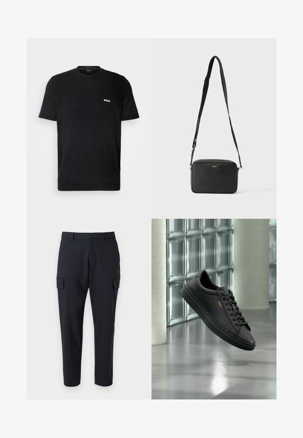 BOSS MOMENTUM LITE - Camiseta básica - black; Pantalones cargo de color navy oscuro con piernas rectas, dos bolsillos laterales y un diseño de frente plano. Fabricados con un tejido ligero.; Zapatilla baja de piel negra con cordones negros y logo dorado BOSS en el lateral, flotando sobre un suelo gris brillante en un espacio interior moderno.; Bolso bandolera rectangular negro con correa ajustable y logo BOSS en la parte delantera, sobre un fondo claro liso.