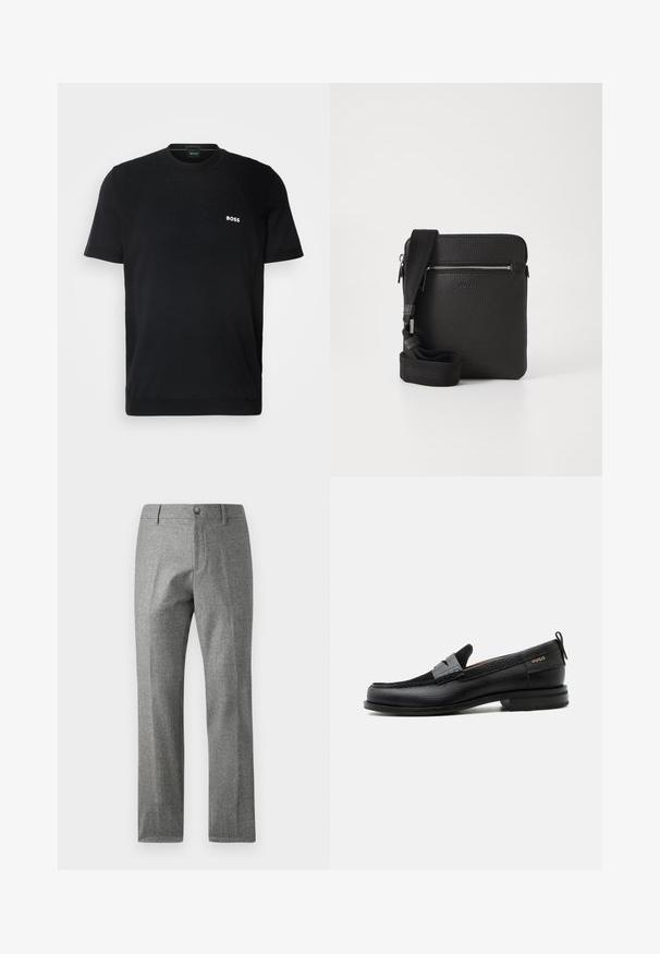 BOSS MOMENTUM LITE - Camiseta básica - black; Pantalones grises texturizados con un diseño de pierna recta, que presentan un cierre frontal con botón y cremallera. Detalle sutil de patrón de espiga.; Mocasín de cuero negro con detalle de tira gris, tacón bajo y suela texturizada, con la marca "HUGO" en oro en el lateral.; Bolso cruzado de cuero negro con superficie texturizada, bolsillo frontal con cremallera y correa de tela ajustable. Diseño cuadrado simple.