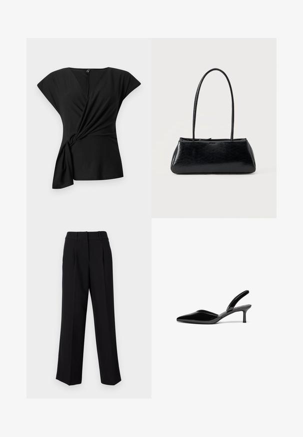 Top negro de manga corta con escote en V y detalles fruncidos en los laterales, que cuenta con una tela suave y un corte holgado para facilitar el movimiento.; Pantalones negros con un diseño recto y de pierna ancha, que presentan un frente plano, lazos para cinturón y una textura suave. Aptos para diversas ocasiones.; Tacones slingback de charol negro con punta afilada, tacón de aguja bajo y un diseño elegante y simple sin adornos.; Bolso de hombro rectangular negro con correas largas y delgadas y una textura lisa y brillante sobre un fondo liso.