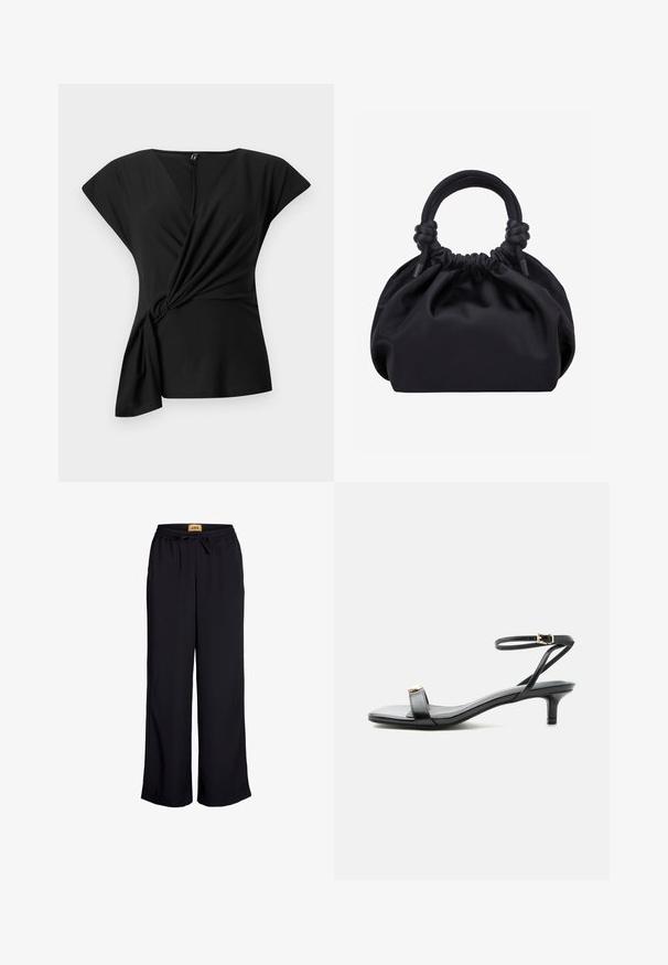 Musthave musta lühikeste varrukatega topp V-kaelusega ja kogutud külgedega, mis on valmistatud pehmest kangast ja on mugava lõikega liikumisvabaduse tagamiseks.; Mustad laiad püksid elastse vöökoha ja nööriühendusega. Valmistatud siledast kangast, millel puuduvad nähtavad mustrid või aktsendid.; Mustast nahast avatud varbaga sandaal madala kitkonnakandiga, õhuke pahkluu rihm kuldse pandlaga ja dekoratiivse kuldse aktsendiga eesmisel rihmal.; Mustast pehmest kangast käekott kroogitud ülaosaga ja ümarate polsterdatud käepidemetega, mis on kummalgi küljel sõlmedega seotud.