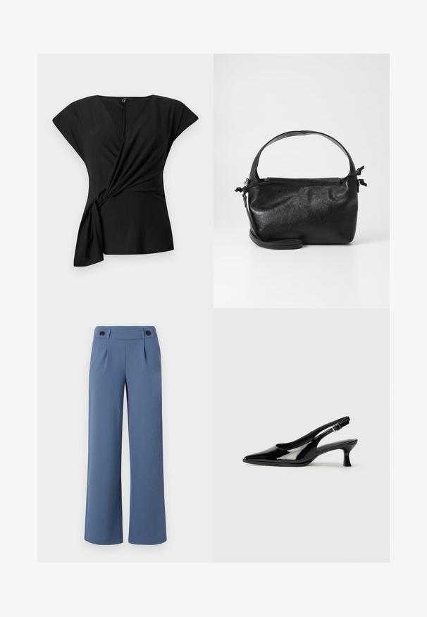Haut noir à manches courtes avec un décolleté en V et des détails froncés sur les côtés, fabriqué dans un tissu doux et offrant une coupe décontractée pour un confort optimal.; Pantalons larges bleus en tissu lisse, avec une taille plate, deux plis et deux boutons noirs à la taille.; Escarpins en cuir verni noir avec un bout pointu et un petit talon carré. Sangle réglable à la cheville avec boucle.; Sac à main en cuir noir au design structuré, avec une poignée arrondie et une bandoulière amovible. Présente une texture lisse et un éclat subtil.