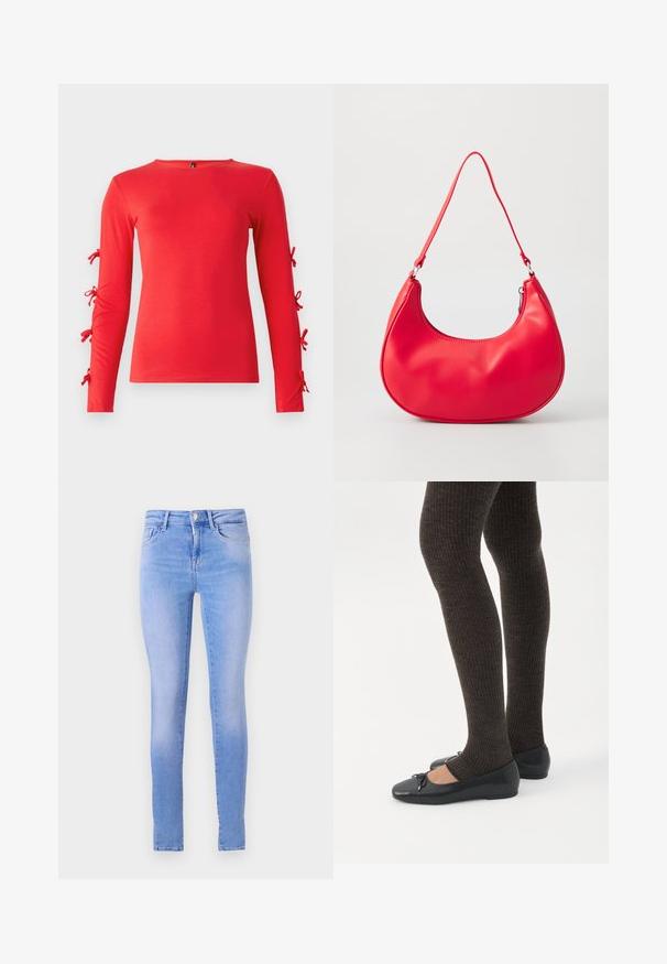 Rode langslijf T-shirt van zacht katoen, met strikaccenten op de mouwen, ronde hals en een getailleerde pasvorm.; Lichtblauwe skinny jeans met een vervaagde wassing, voorzien van een vijf-pocket ontwerp, een sluiting met knop aan de voorkant en een schone zoom.; Benen met donkere geribbelde leggings gecombineerd met zwarte ballerina's met kleine strikdetails op een witte achtergrond.; Rode synthetische leren schoudertas met een gebogen vorm, slanke strap en een ritsluiting. Glad oppervlak met zichtbare stiksels.