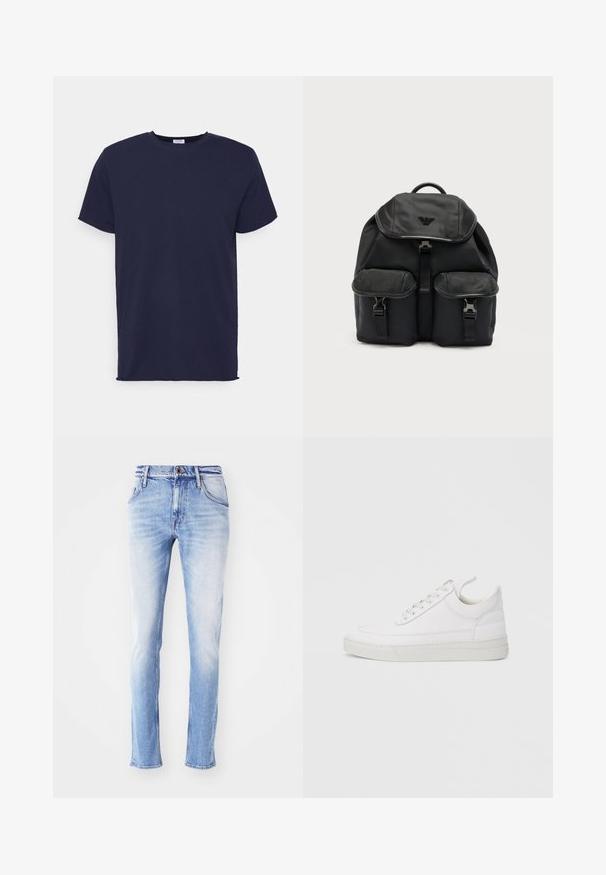 Tumedat sinine lühikeste varrukatega t-särk, mis on valmistatud pehmest kangast. Omab ümarat kaelust ja sirget lõiget, ilma mustrite või aktsentideta.; Soehe sinine denim teksad, millel on kulunud viimistlus, sirge jalgade lõige, viis taskut, vöörihmade aasad ning ühe nööbiga kinnitamine vöökoht. ; Valge nahast tennisking ümarate varvastega, tasase tallaga ja eespaelaga. Omab õmbluste detaile ning pehmet ääreosa mugavuse tagamiseks.; Mustast riidest seljakott, millel on ülemine klapp, kaks esikäepidemetega taskut ja klapil asuv logoga embleem, lihtsa heleda tausta taustal.
