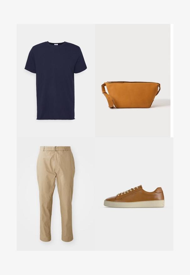 Camiseta de manga corta azul marino hecha de tela suave. Presenta un cuello redondo y un corte recto sin patrones ni acentos.; Chinos beige con una suave mezcla de algodón, que presentan un corte ajustado, frente plano, bucles para cinturón y una sencilla hebilla plateada en un diseño minimalista.; Zapatilla baja de piel marrón con cordones crema y suela gruesa de goma crema mostrada de perfil lateral sobre fondo blanco.; Bolso bandolera de cuero marrón claro con correa ajustable y cierre de cremallera, mostrado sobre un fondo claro y liso.