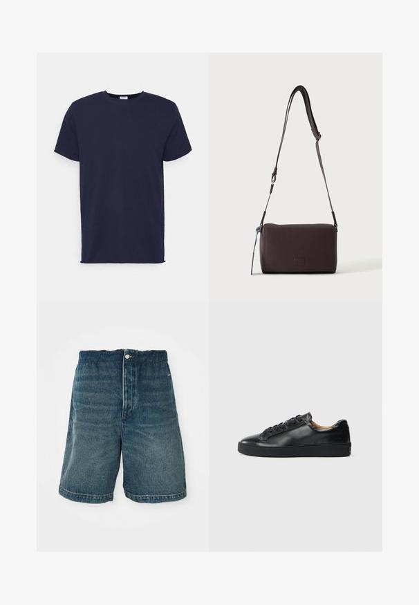 Marineblaues T-Shirt mit kurzen Ärmeln aus weichem Stoff. Es hat einen Rundhalsausschnitt und einen geraden Schnitt ohne Muster oder Akzente.; Dunkelblaue Denim-Shorts mit lockerer Passform, Knopfverschlüsse und sichtbaren Nähten an Saum und Taschen.; Schwarze Leder-Sneaker mit glatter Textur, runder Zehenpartie und Schnürverschluss. Verfügt über eine dicke Gummisohle und minimalistische Marken-Details.; Dunkelbraune, strukturierte Leder-Crossbody-Tasche mit verstellbarem Riemen und kleinem dekorativen blauen Akzent an der Seite.