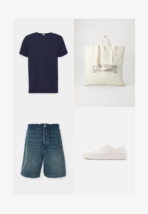Marineblaues T-Shirt mit kurzen Ärmeln aus weichem Stoff. Es hat einen Rundhalsausschnitt und einen geraden Schnitt ohne Muster oder Akzente.; Dunkelblaue Denim-Shorts mit lockerer Passform, Knopfverschlüsse und sichtbaren Nähten an Saum und Taschen.; Weißer Ledersneaker mit glattem Finish, rundem Zehenbereich, sechs Augen für die Schnürung und einer strukturierten Gummisohle. Minimalistisches Design ohne Muster.; Leinene Tragetasche in Off-White, mit kurzen Henkel und dem aufgedruckten Text "LES DEUX" in fetten schwarzen Buchstaben. Strapazfähiges, schlichtes Design.