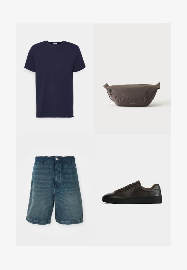 T-shirt bleu marine à manches courtes fabriqué en tissu doux. Présente un col rond et une coupe droite sans motifs ni accents.; Shorts en denim bleu foncé avec une coupe ample, dotés d'une fermeture à bouton et de coutures visibles le long de l'ourlet et des poches.; Baskets basses en cuir marron foncé avec semelle en caoutchouc noire, lacets à l'avant et design minimaliste épuré sur fond clair.; Sac banane en tissu marron foncé avec poche zippée en diagonale et petit logo blanc sur le devant, sur un fond clair uni.