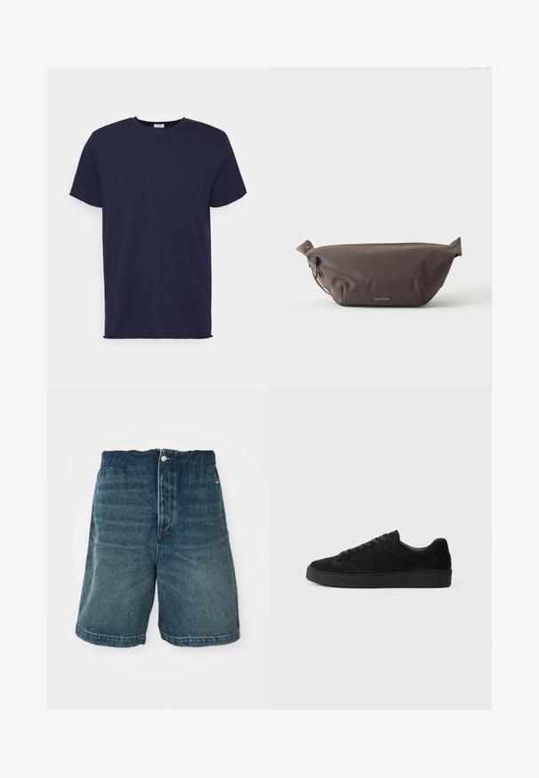 Marineblå kortærmet t-shirt lavet af blødt stof. Har rund halsudskæring og en lige pasform uden mønstre eller accenter.; Mørkeblå denim shorts med løs pasform, der har en knaplukning og synlig syning langs kanten og lommerne.; Sort semsket sneakers med en flad, tekstureret sål, rund tå, seks snørrehuller og et minimalistisk design.; Mørkebrun stof talje taske med diagonalt lynlåslomme og lille hvidt logo på fronten, sat mod en ensfarvet lys baggrund.