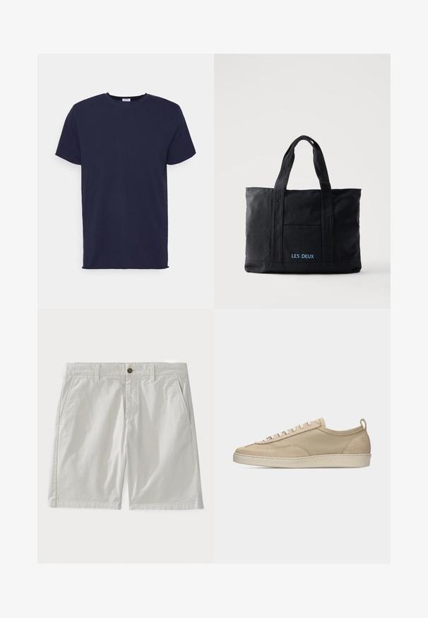T-shirt bleu marine à manches courtes fabriqué en tissu doux. Présente un col rond et une coupe droite sans motifs ni accents.; Shorts en coton blanc avec fermeture à bouton, passants de ceinture et poches latérales. Le tissu a l'air lisse avec un design classique et soigné.; Baskets beige basses avec tige en tissu et daim, lacets blancs, semelle en caoutchouc et languette à l'arrière, présentées en profil latéral sur fond blanc.; Sac cabas en toile noire avec deux anses, poche avant et "LES DEUX" brodé en bleu sur la poche avant.